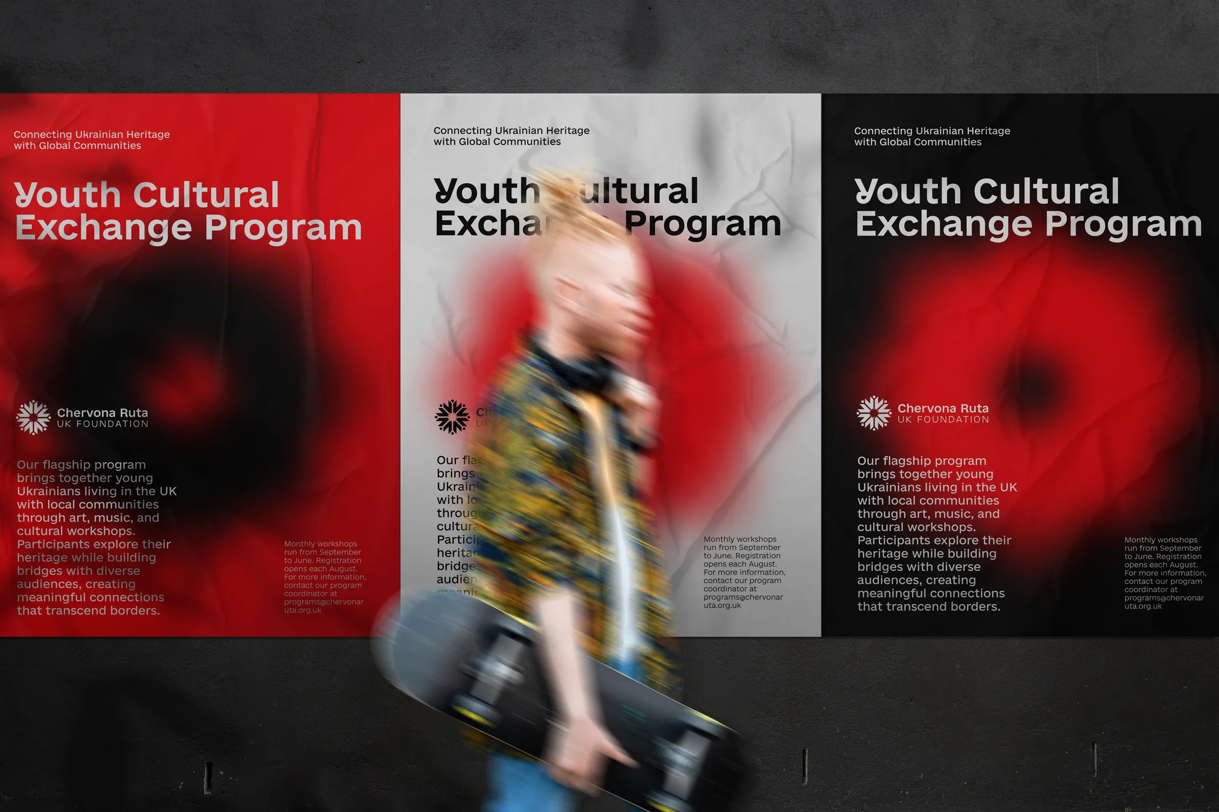 Three posters for the Youth Cultural Exchange Program on a wall, in red, white and black, each with the blurred flower behind the headline, as a skateboarder walks past