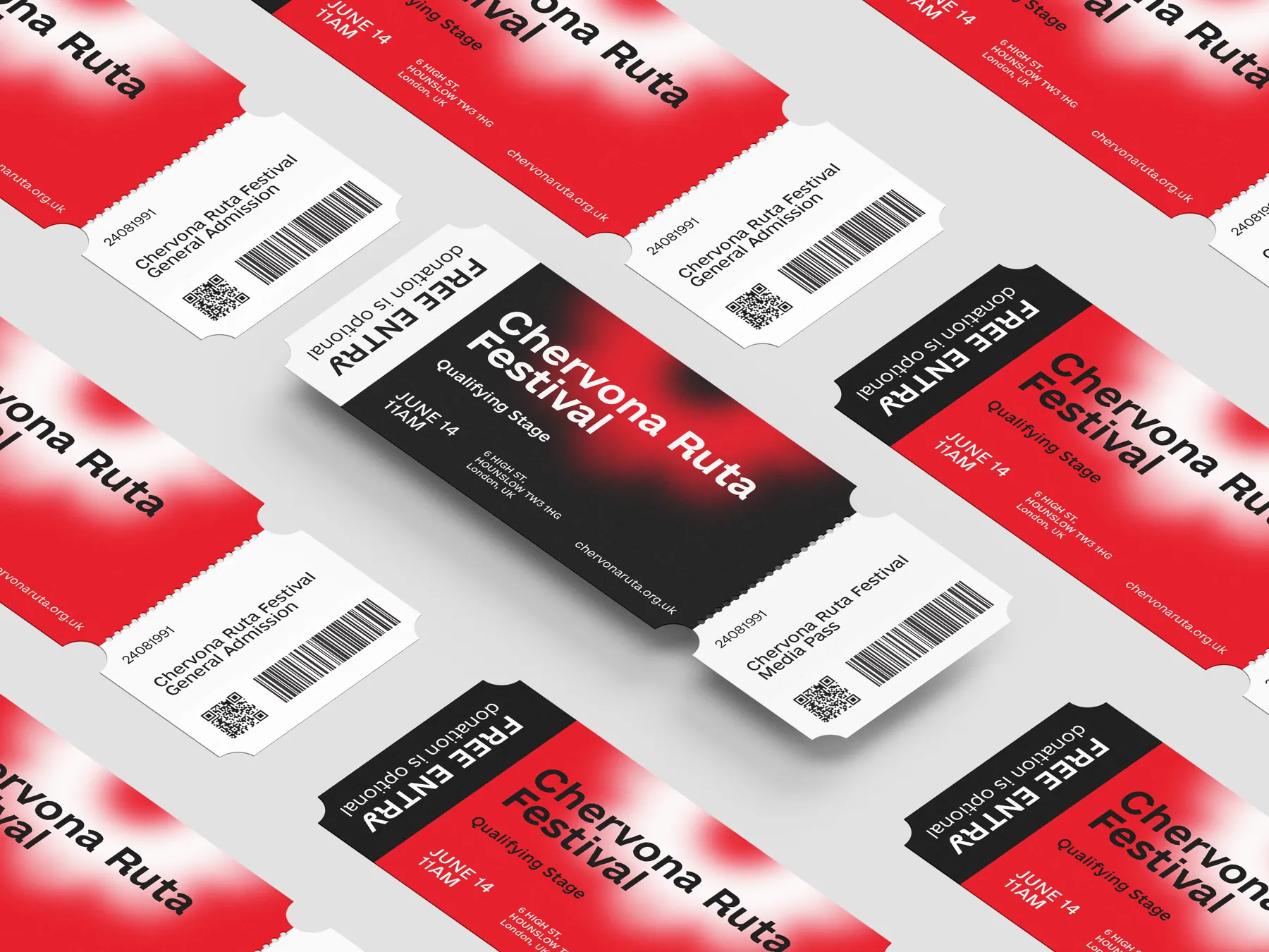 Festival tickets in red and black with the blurred flower, a general admission stub and a media pass, laid out on a grey surface