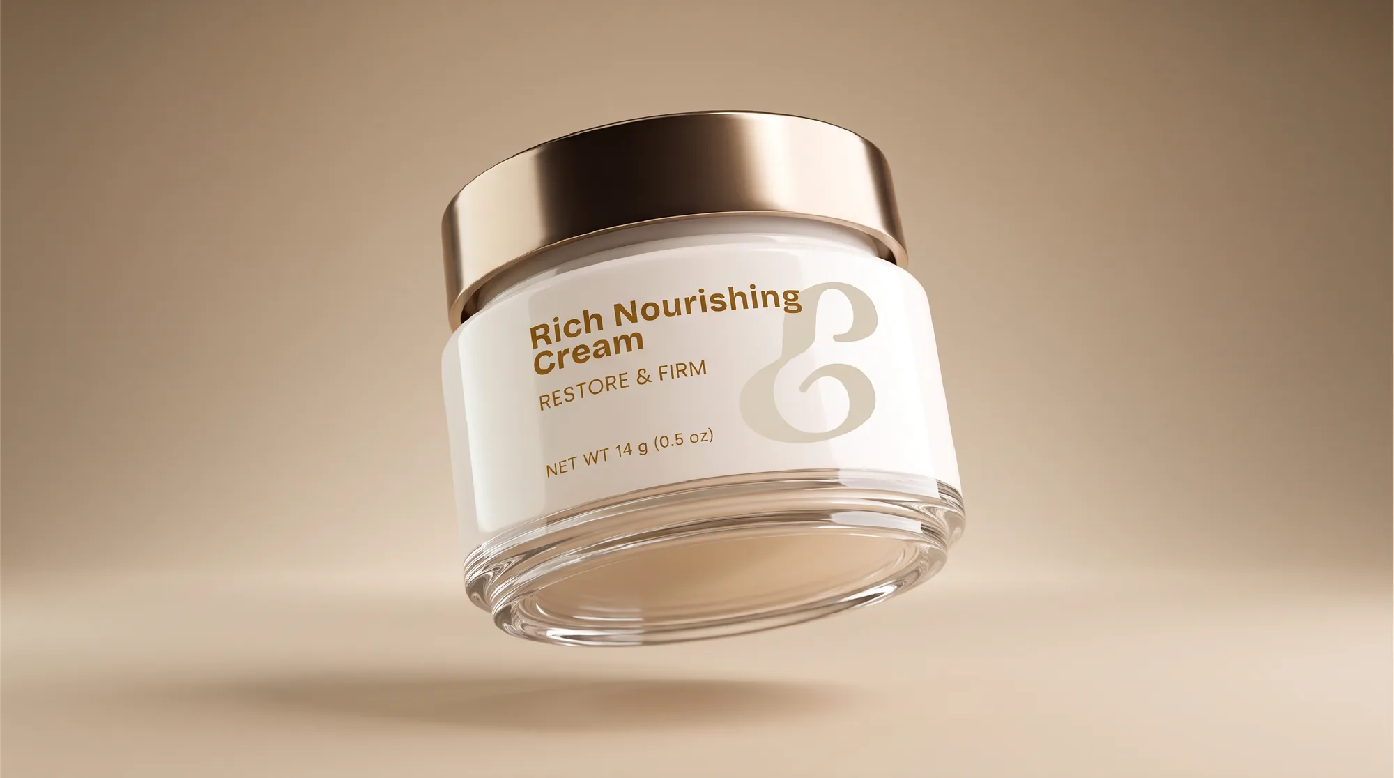 A glass jar of Ellswood Rich Nourishing Cream with the icon on its label, floating on a warm beige backdrop