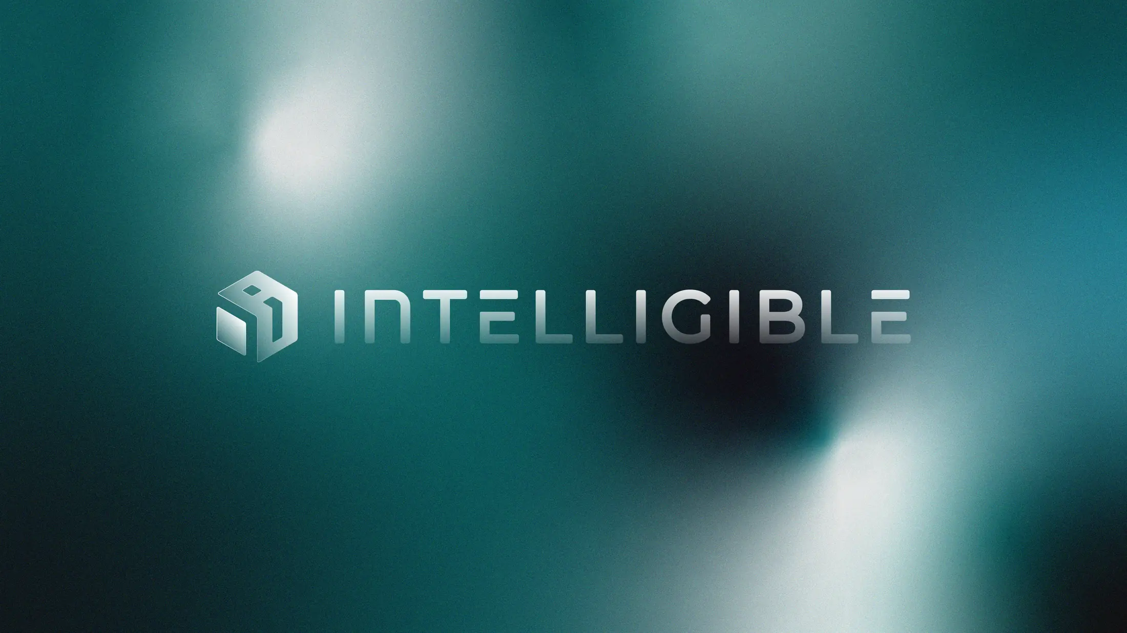 The Intelligible wordmark and cube icon in a brushed-metal finish, over a dark teal gradient