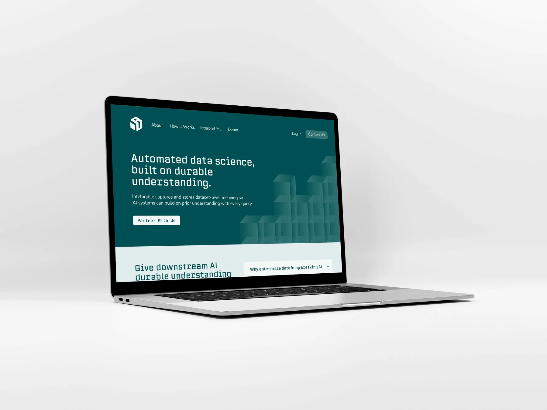 The Intelligible website homepage on a laptop, headline 'Automated data science, built on durable understanding' on a dark teal background