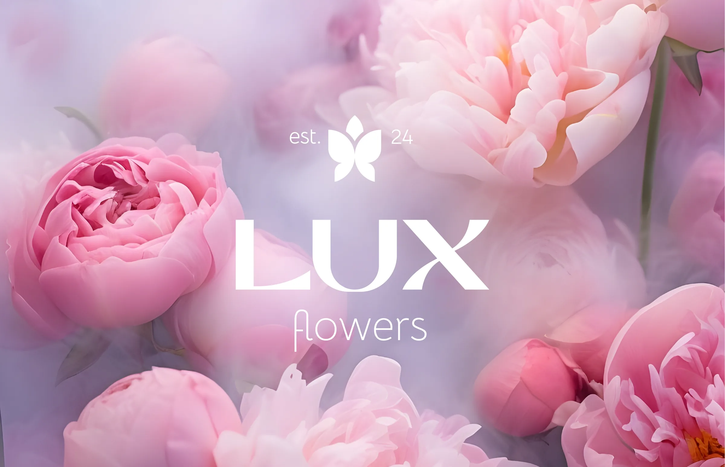 The Lux Flowers logo in white over soft pink peonies
