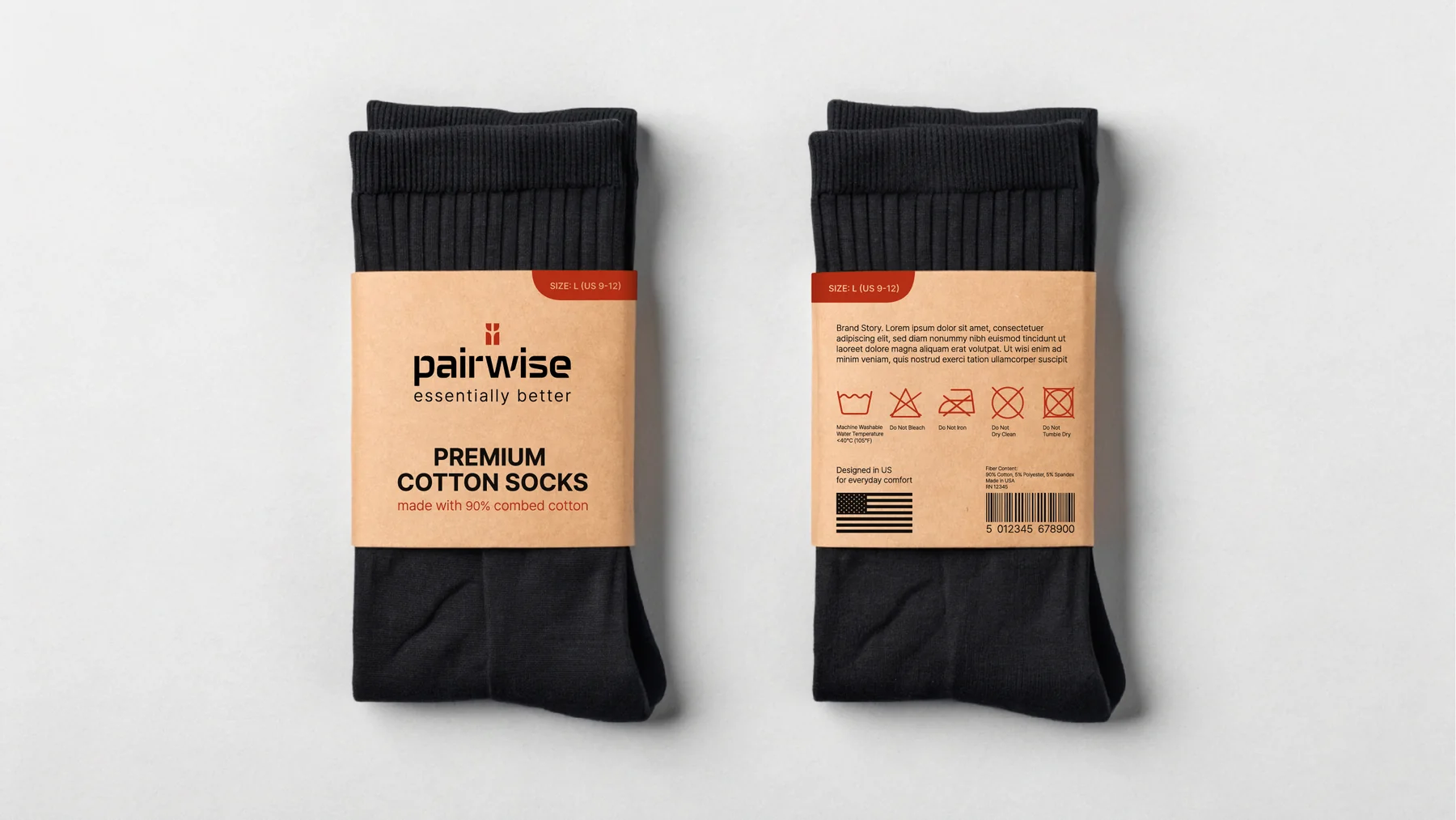 A Pairwise kraft sleeve on a pair of black socks, showing the logo, slogan and wash icons