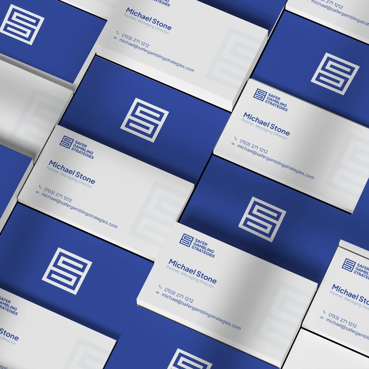 Safer Gambling Strategies business cards, laid out in a repeating grid