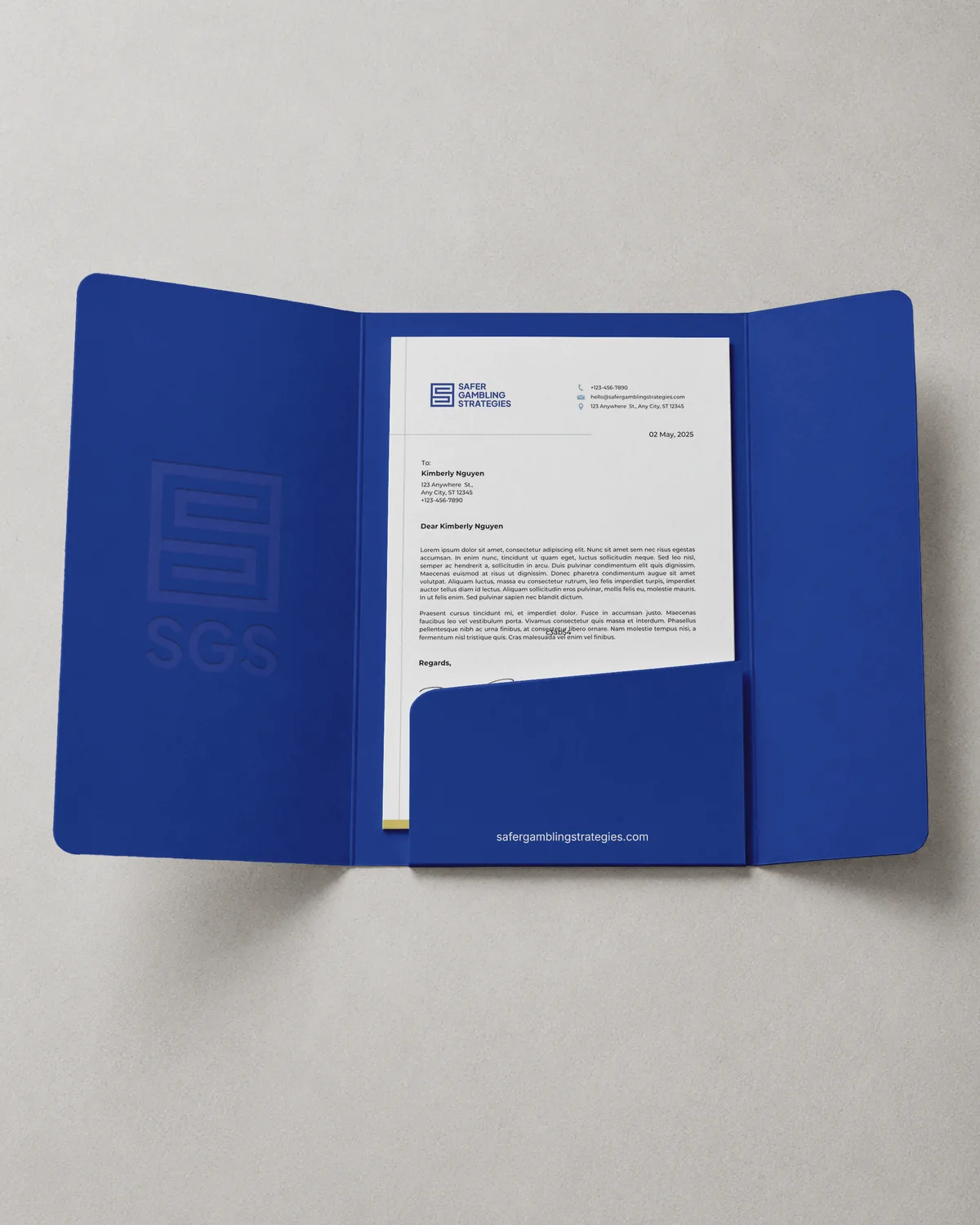 Branded presentation folder with letterhead inside